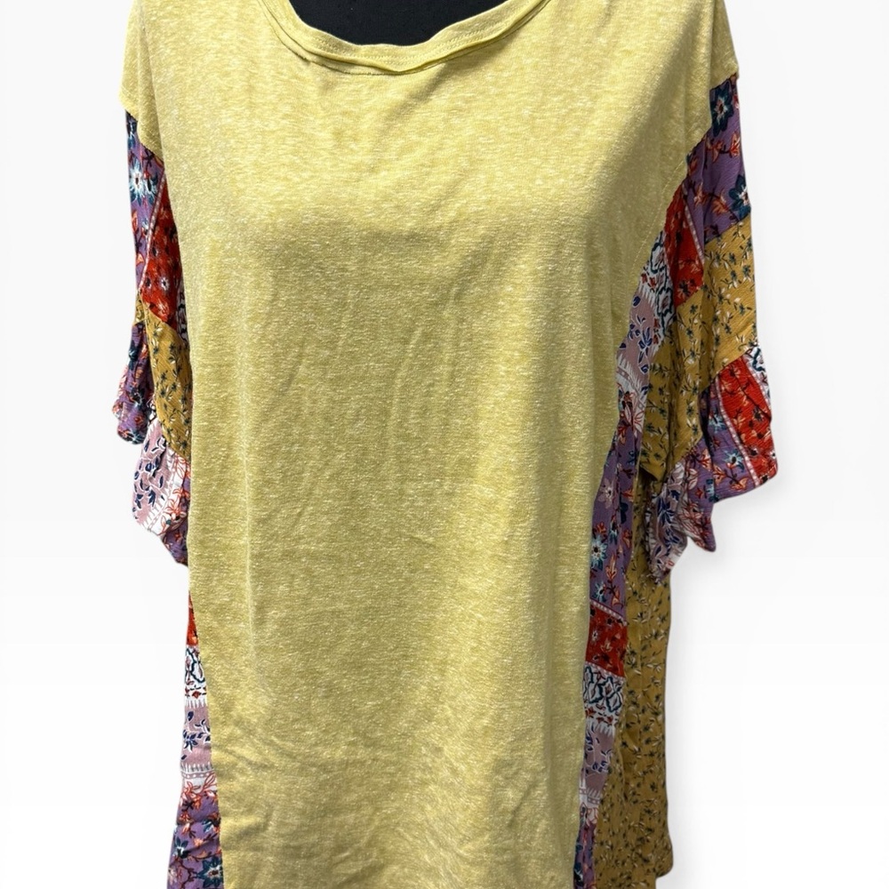 GiGiO Yellow Patchwork Floral Boho Top Ruffle Sleeve Lightweight Size L - Picture 2 of 11